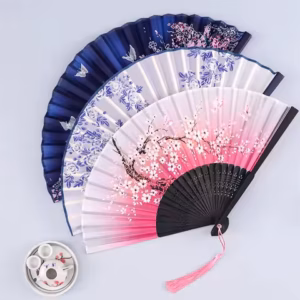 Éventail sensu pliant — bambou clair et soie polyester satinée