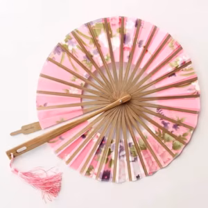 Éventail rond uchiwa bambou — motif fleurs, format mariage